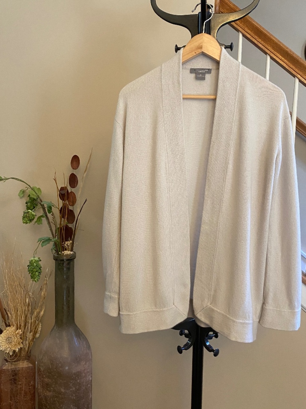 Ann Taylor 100% Cashmere Open Front Shawl Cardigan Oatmeal Beige M